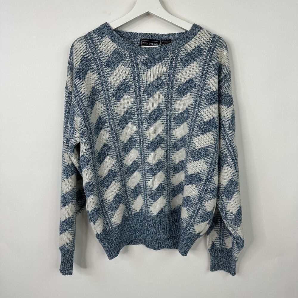 Peter England Wool Blend Sweater Men's L Blue White Pullover Grandpa Retro VTG